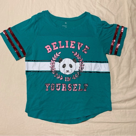 SO Teal Believe in Yourself Panda Short Sleeve Tee | Mermaid Sequins - Picture 1 of 8